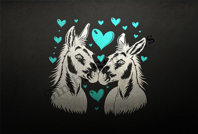 Donkeys in love, nose-to-nose,  red hearts, outline art