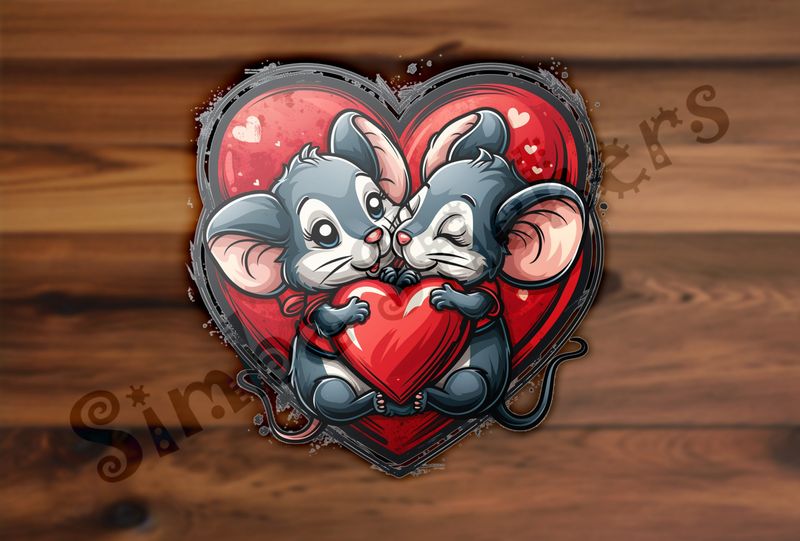 Mice in love cutely holding onto smaller Valentine&#x27;s heart tightly, inside larger heart, 3o6ler