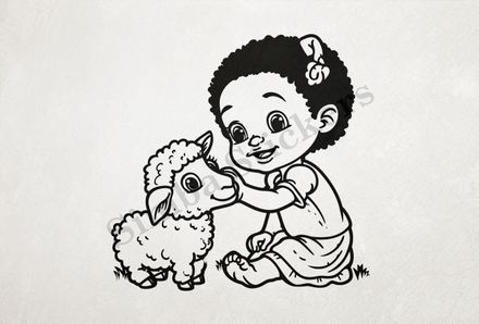 Small lamb petted by sitting little girl, outline art