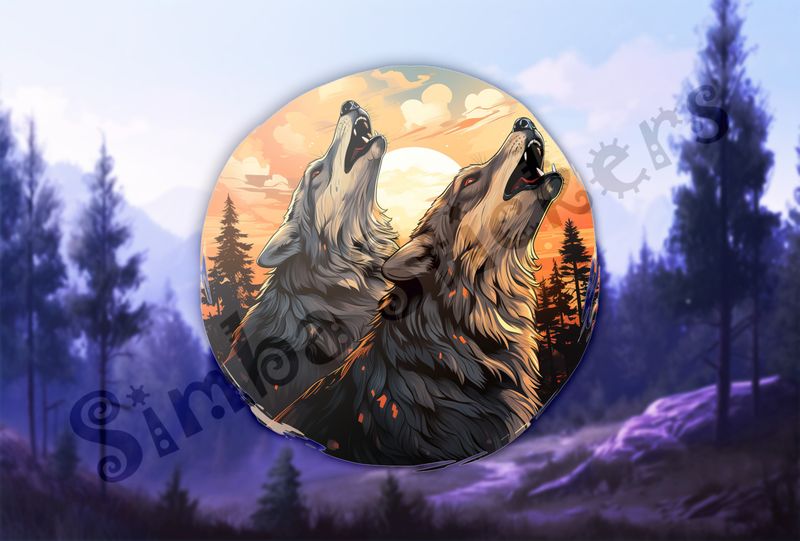 Wolves howling at the moon under dramatic sky