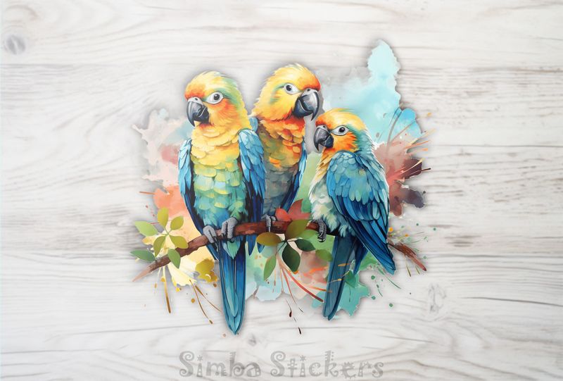 Parrots in love with youngling perching, watercolour, qadbu2