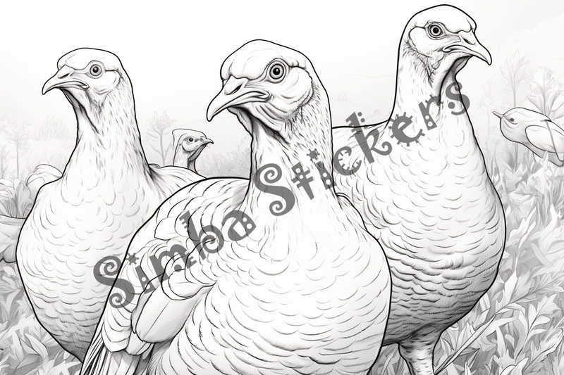 Colouring pages, bundle of turkeys, 50 images
