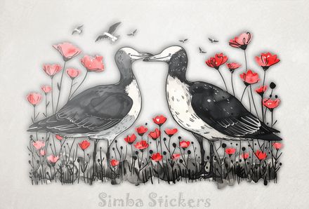 Seagulls in love beak-to-beak among flowers, watercolour, yloot2