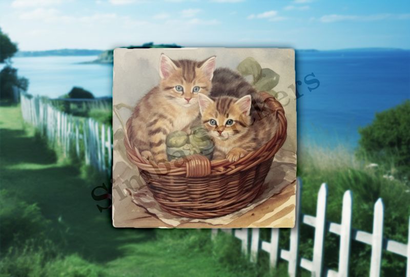 Kittens in a basket, vintage watercolour