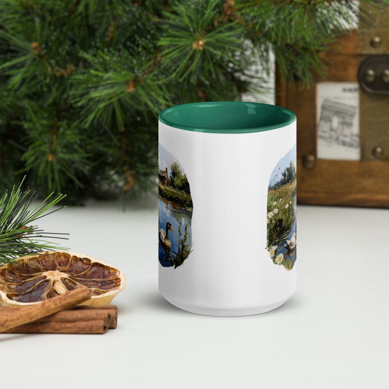 White Ceramic Mug with Color Inside, 11 &amp;15oz, Ducks in love swimming in farmhouse pond 