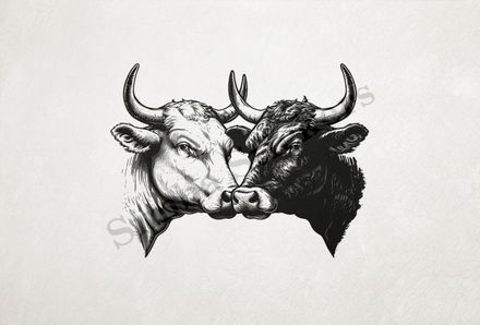 Cattle, bull and cow cheek-to-cheek, one black, other white, outline art