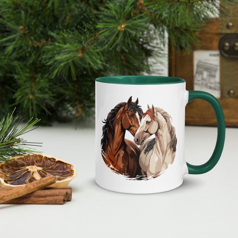 White Ceramic Mug with Color Inside, 11&amp;15oz, Horses nose-to-nose, jbgjpy