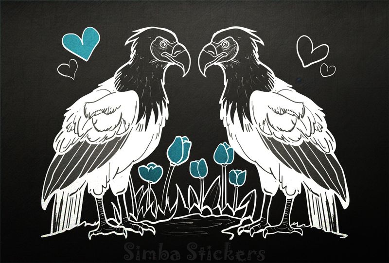 Vultures in love among flowers and Valentine&#x27;s hearts, outline art, v4k59g