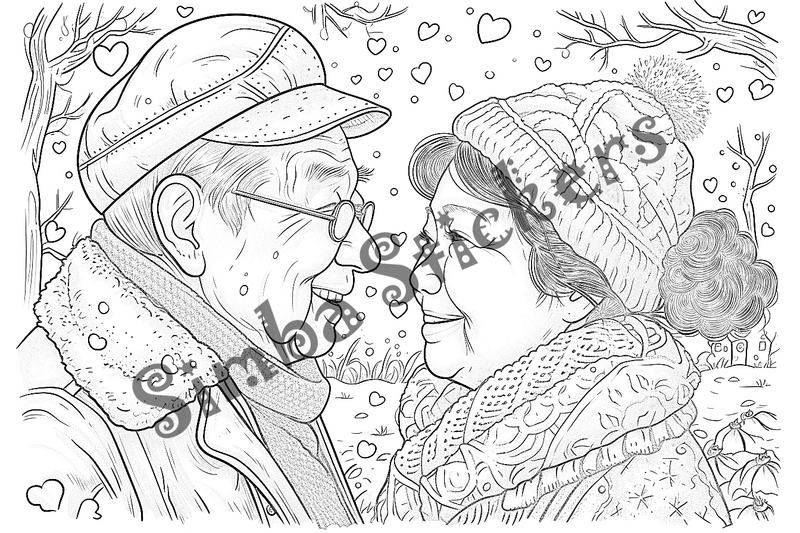 Colouring pages, bundle of people, grandparents in love at picnic, 25 images