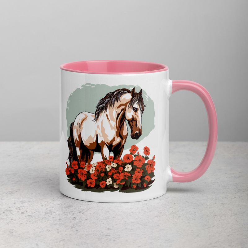 White Ceramic Mug with Color Inside, 11&amp;15oz, Brown horse in field of red flowers, n4w2fj