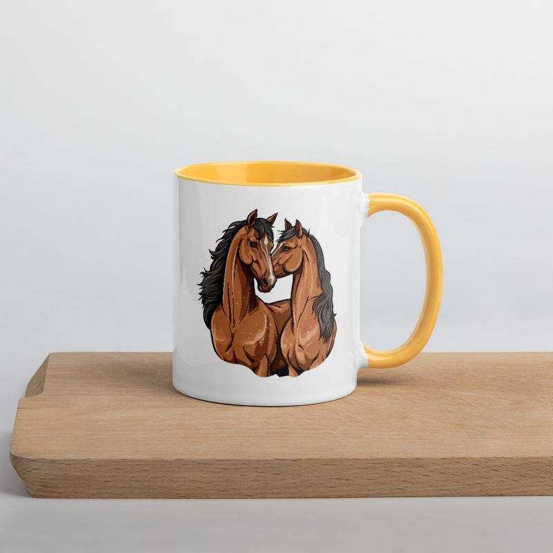 White Ceramic Mug with Color Inside, 11&amp;15oz, Two brown horses snuggling, tdwcyd