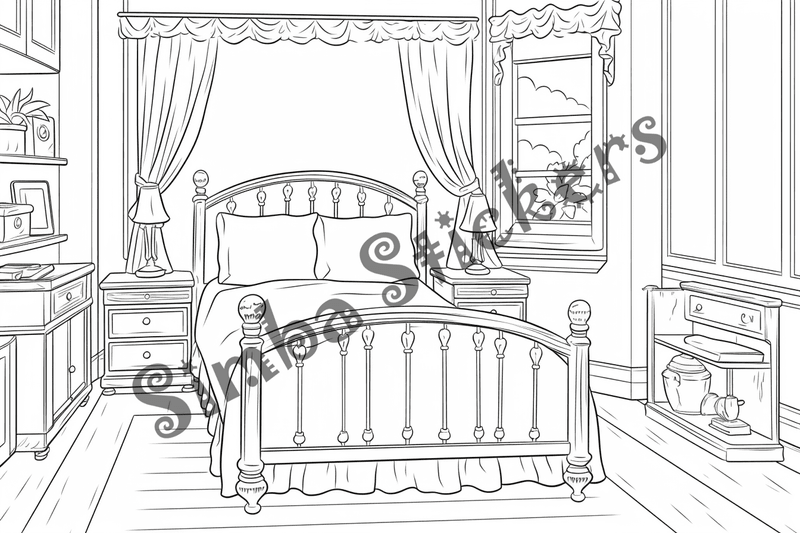 Colouring pages, bundle of house bedrooms, 25 images