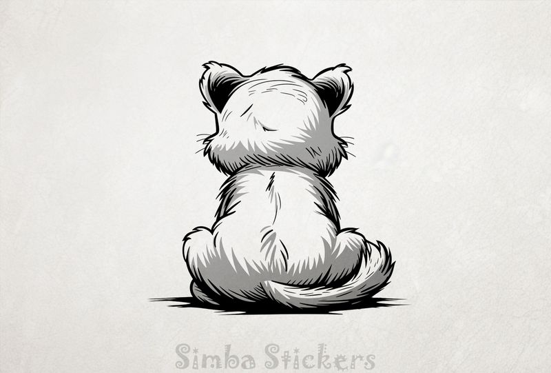 Lion cub sitting down, from the back, outline art, r0e5aj