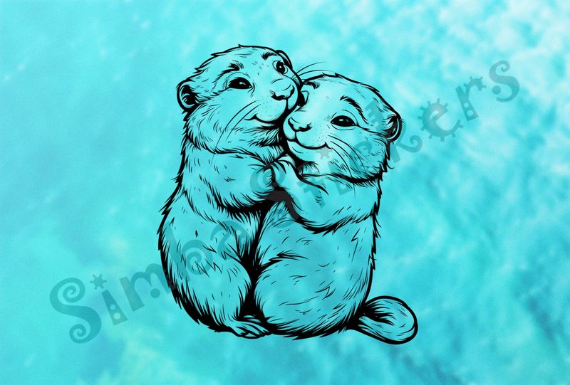 Beavers embracing cheek-to-cheek happily, outline art