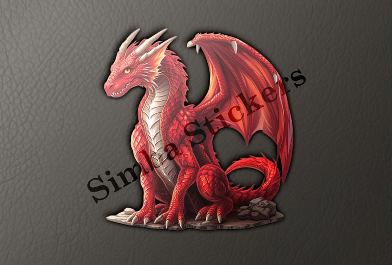 Red dragon spreading wings on rocky platform
