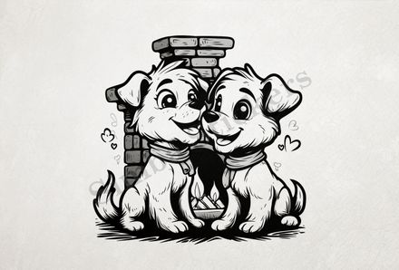 Cute dogs by the fireplace, outline art