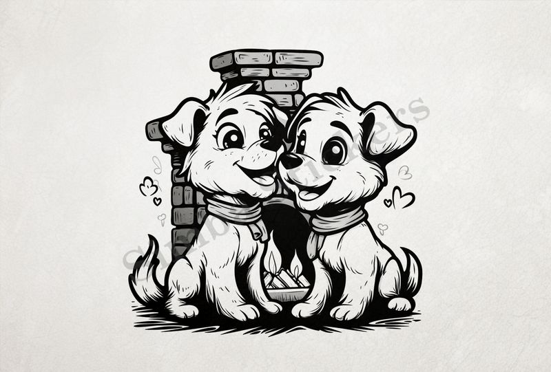 Cute dogs by the fireplace, outline art