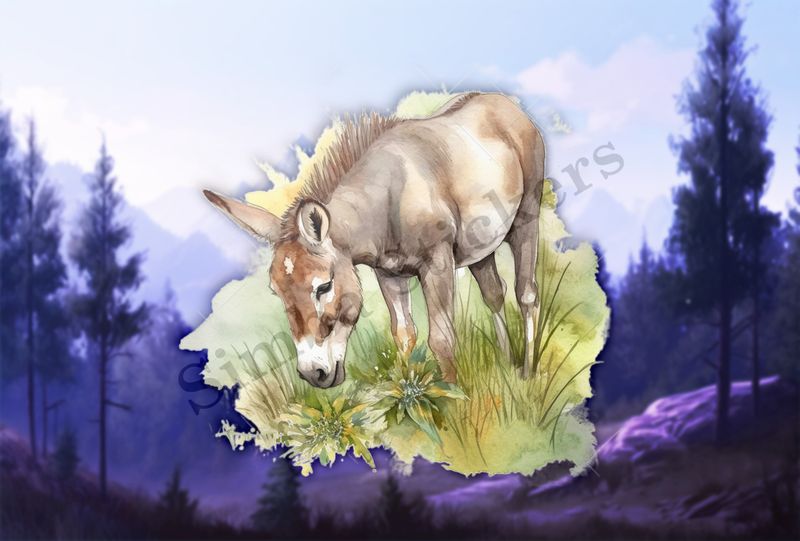 Donkey eating grass, watercolour