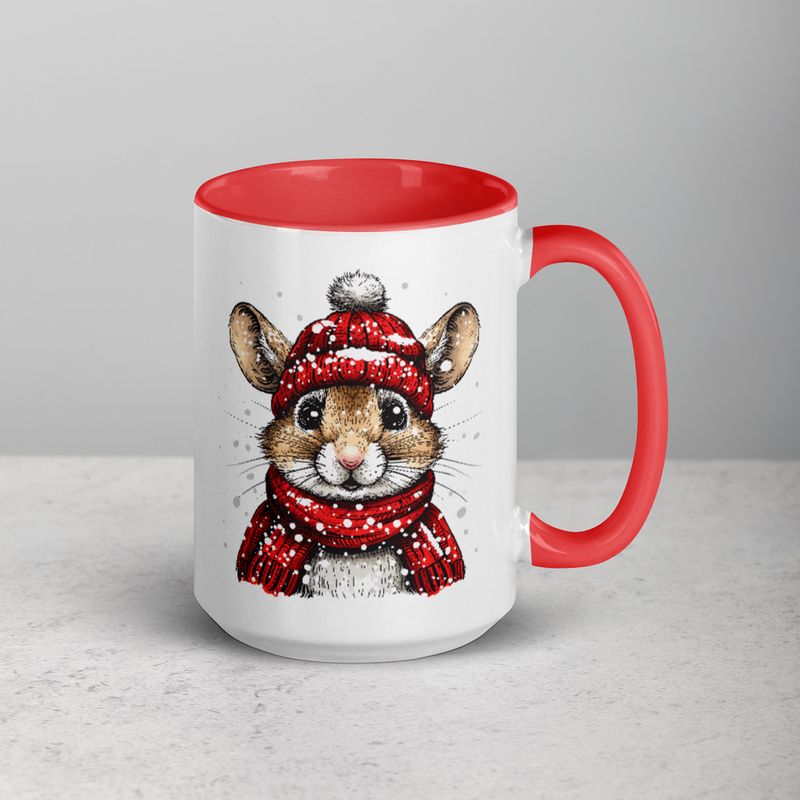White Ceramic Mug with Color Inside, 11&amp;15oz, Mouse wearing red winter hat and scarf in snow, xg8dl3