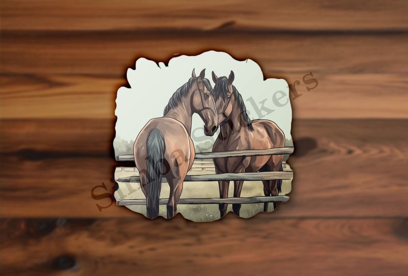 Two brown horses separated by fence