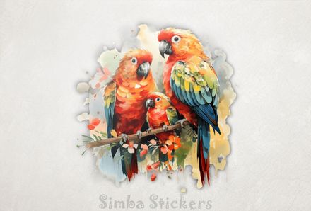 Parrots in love with youngling in between them, 910piu