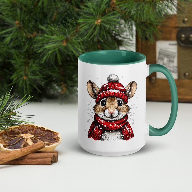 White Ceramic Mug with Color Inside, 11&amp;15oz, Mouse wearing red winter hat and scarf in snow, xg8dl3