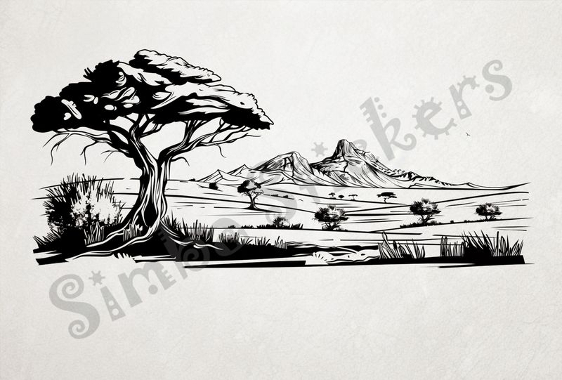 African Savanna landscape, interspersed with trees, mountain range afar, outline art