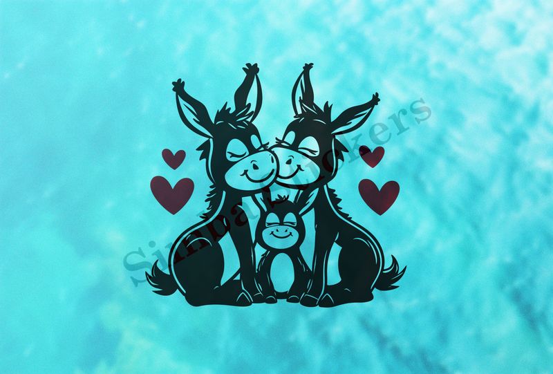 Donkey family, parents in love, hearts in picture, outline art