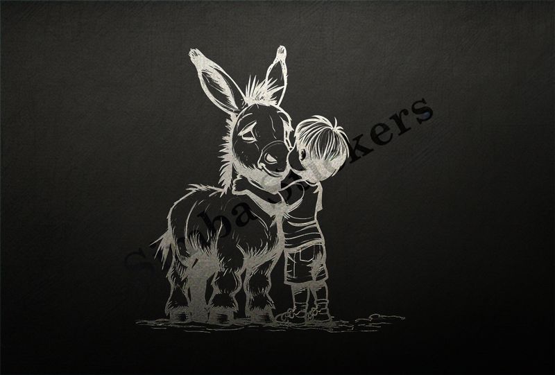 Small donkey hugged by a small boy, outline art