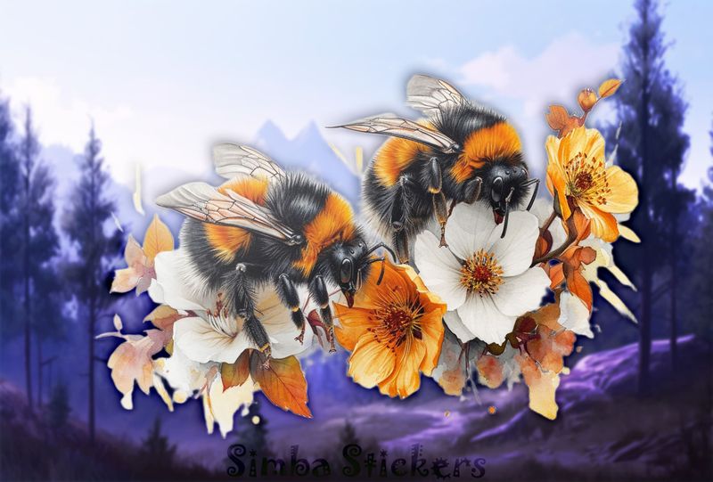 Bees over multi-coloured flowers, watercolour