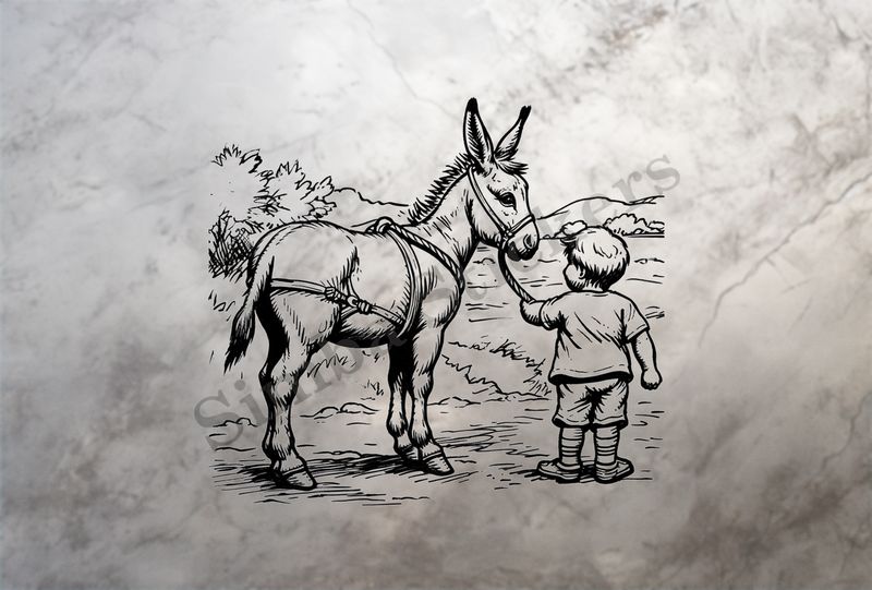 Donkey led on a rope by a small boy out in the open, outline art