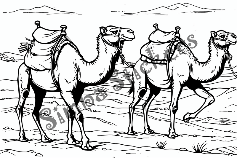 Colouring pages, bundle of Sahara Desert landscape with camels and dromedars, 10 images