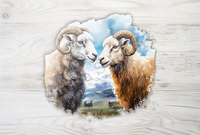 Sheep ewe and ram in love, mountaneous background, watercolour