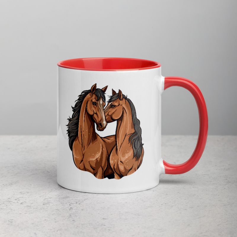 White Ceramic Mug with Color Inside, 11&amp;15oz, Two brown horses snuggling, tdwcyd