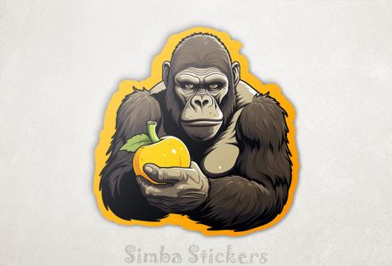 Gorilla holding a fruit and frowning, 8grvzt