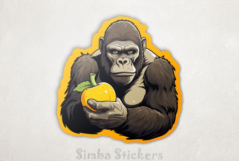 Gorilla holding a fruit and frowning, 8grvzt