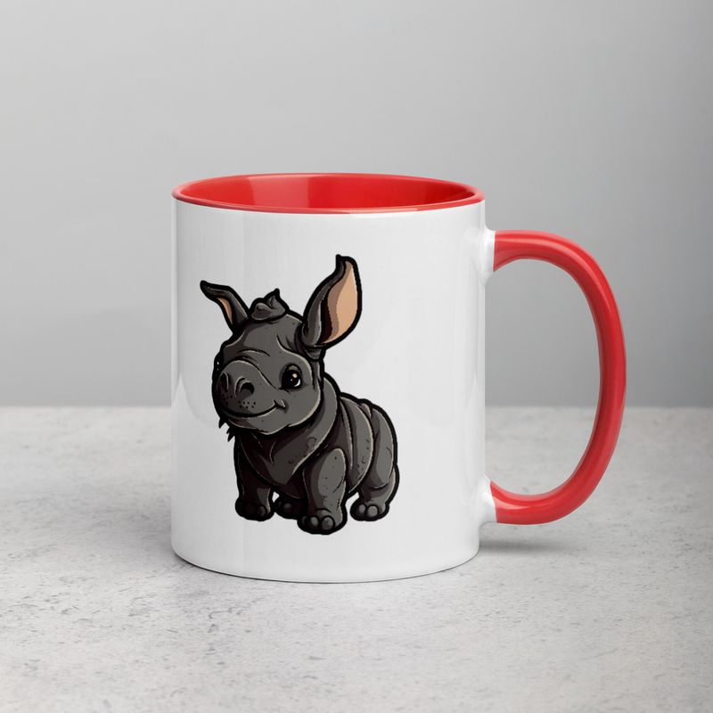 White Ceramic Mug with Color Inside, 11oz &amp; 15oz, Black rhino calf looking cute 