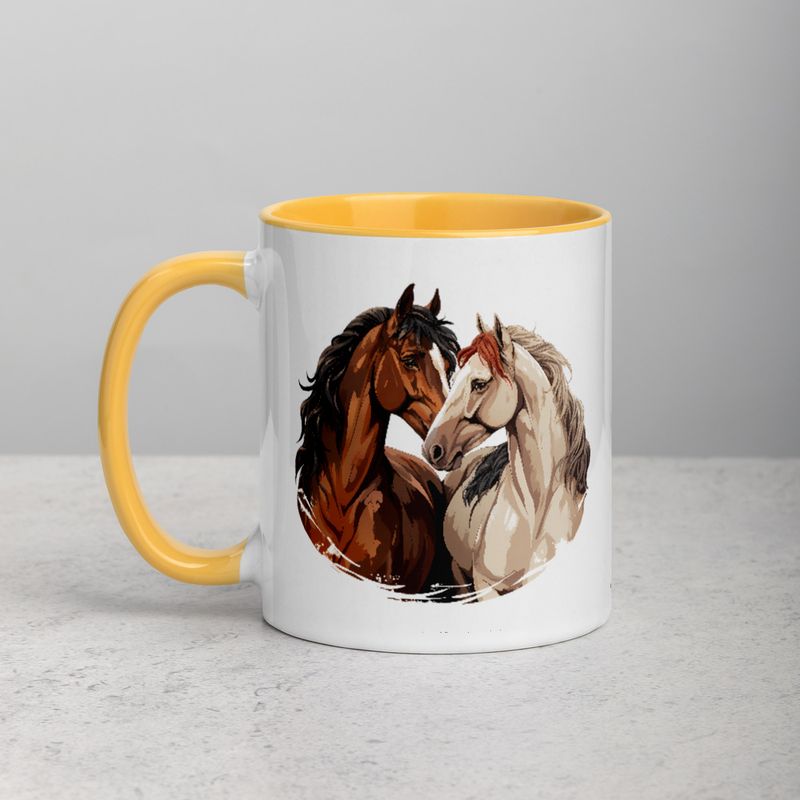 White Ceramic Mug with Color Inside, 11&amp;15oz, Horses nose-to-nose, jbgjpy