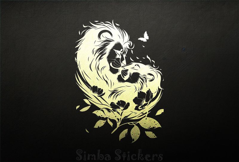 Male with lioness embracing among flowers, outline art, bwsylo