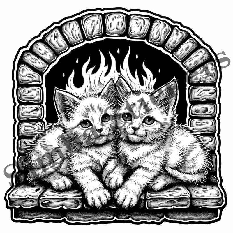 Cats by fireplace, outline art, image set, 10 images