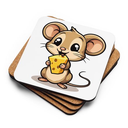 Cork-Back Coaster, Small Mouse happily licking large chunk of cheese, pqapy6