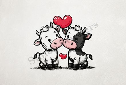 Cattle, bull and cow in love, playful , hearts in picture, outline art