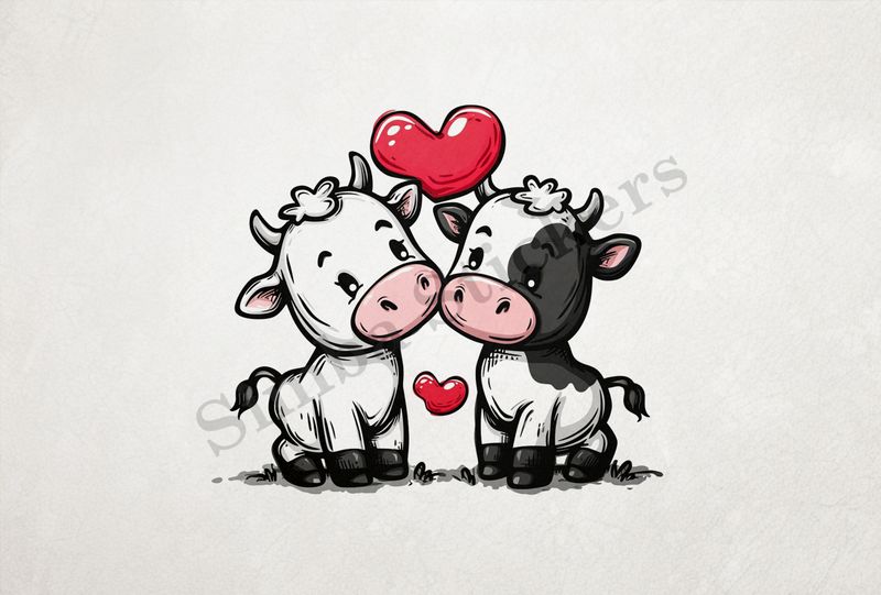 Cattle, bull and cow in love, playful , hearts in picture, outline art