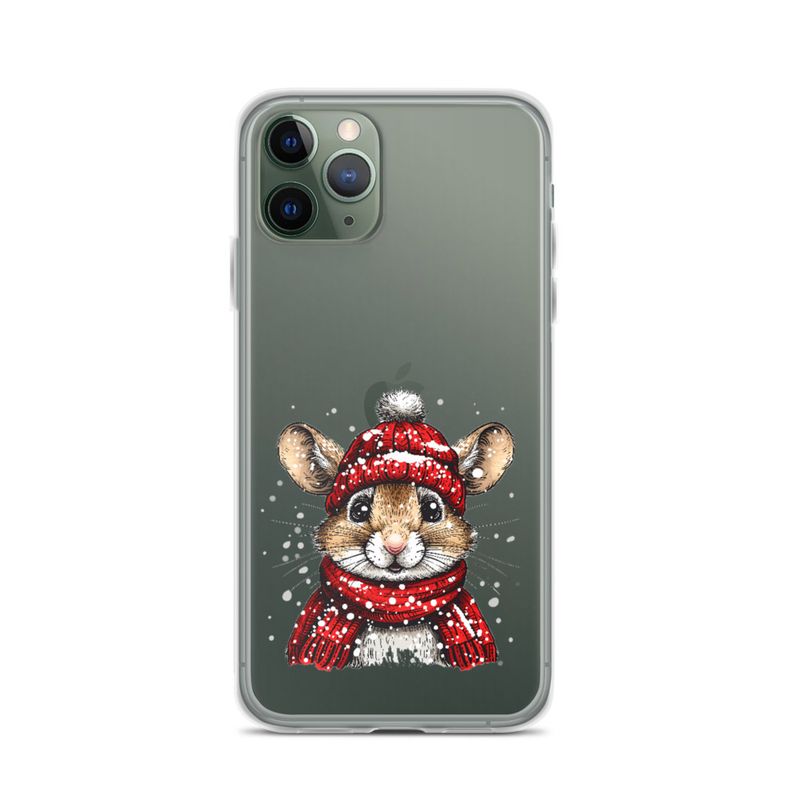 Clear Case for iPhone, Mouse wearing red winter hat and scarf in the snow, xg8dl3