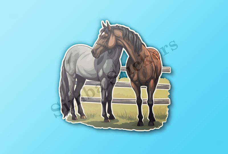 Two horses, one brown, one grey, scratching each others&#x27; backs