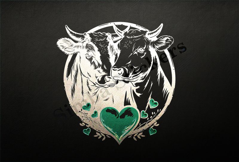 Bull and cow nose-to-nose , in circle, with hearts , outline art