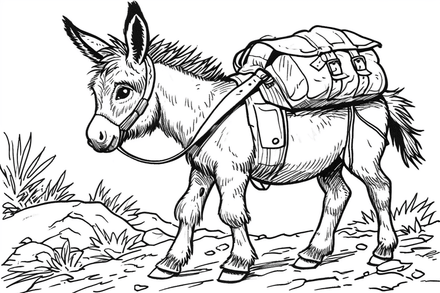 Colouring pages, bundle of donkeys carrying goods or people 10 images