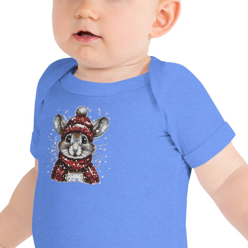Embroidered Baby Short Sleeve One Piece, Mouse wearing red winter hat and scarf in the snow, xg8dl3
