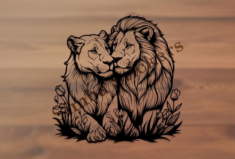 Male lion with lioness, outline art