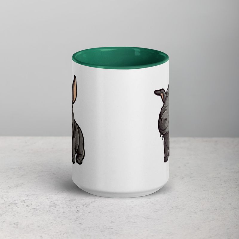 White Ceramic Mug with Color Inside, 11oz &amp; 15oz, Black rhino calf looking cute 